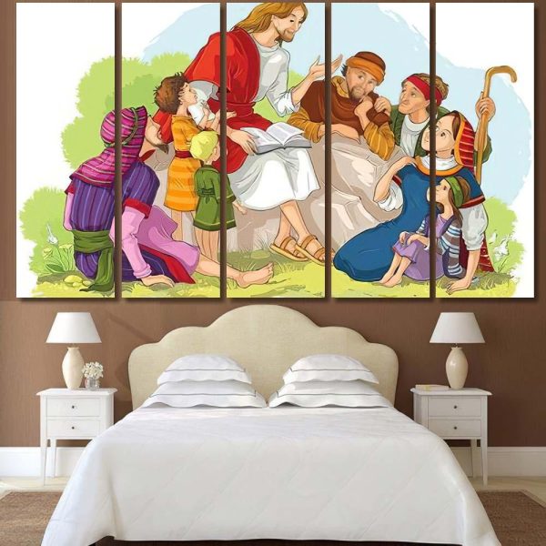 Jesus Preaching Group People Vector Cartoon Christian Premium Multi Canvas Prints, Multi Piece Panel Canvas Luxury Gallery Wall Fine Art Print - Image 8