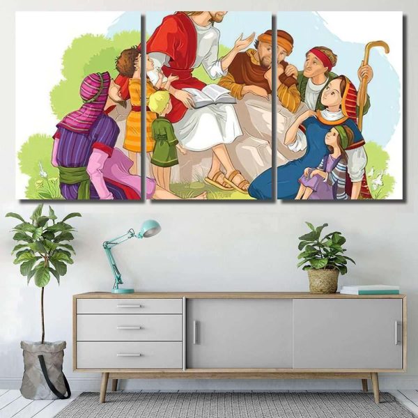 Jesus Preaching Group People Vector Cartoon Christian Premium Multi Canvas Prints, Multi Piece Panel Canvas Luxury Gallery Wall Fine Art Print - Image 6