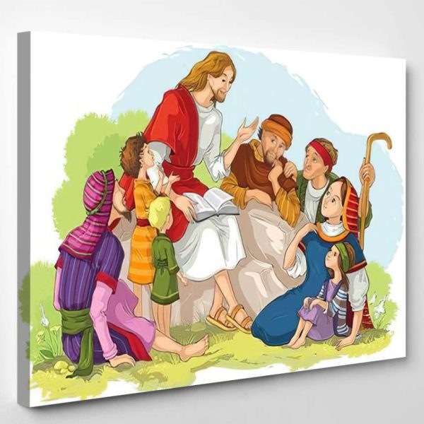 Jesus Preaching Group People Vector Cartoon Christian Premium Multi Canvas Prints, Multi Piece Panel Canvas Luxury Gallery Wall Fine Art Print