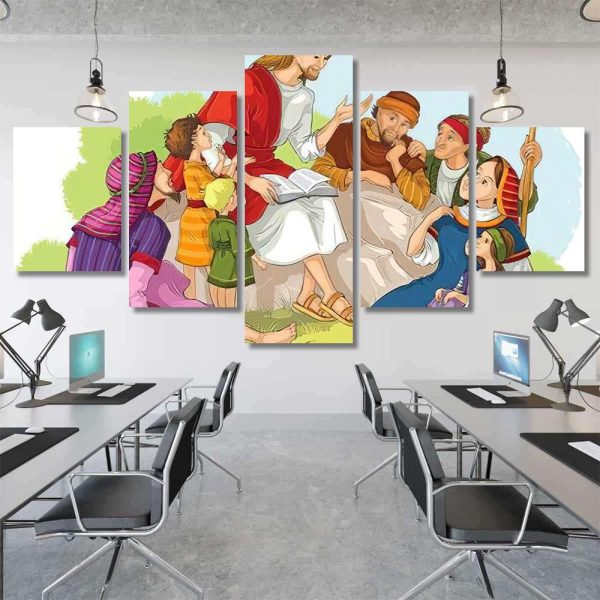 Jesus Preaching Group People Vector Cartoon Christian Premium Multi Canvas Prints, Multi Piece Panel Canvas Luxury Gallery Wall Fine Art Print - Image 7