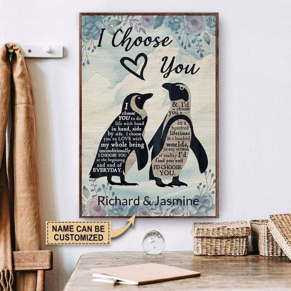 here Gifts Personalized Penguin Couple I Choose You Canvas Home Decor