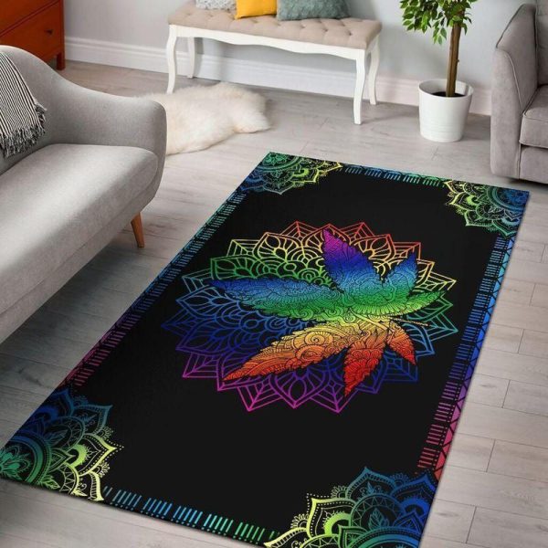 Colorful Rainbow Hippie Weed Mandala Rectangle Rug Carpet Washable Rugs - Image 2