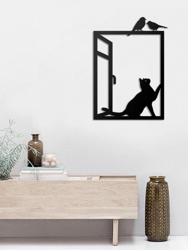 Cat Looking At Birds On Window Cat Lovers Wall Art Decor Cut Metal Sig