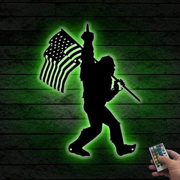 Bigfoot Middle Finger Us Flag Metal Wall Art With Led Lights, Us Flag