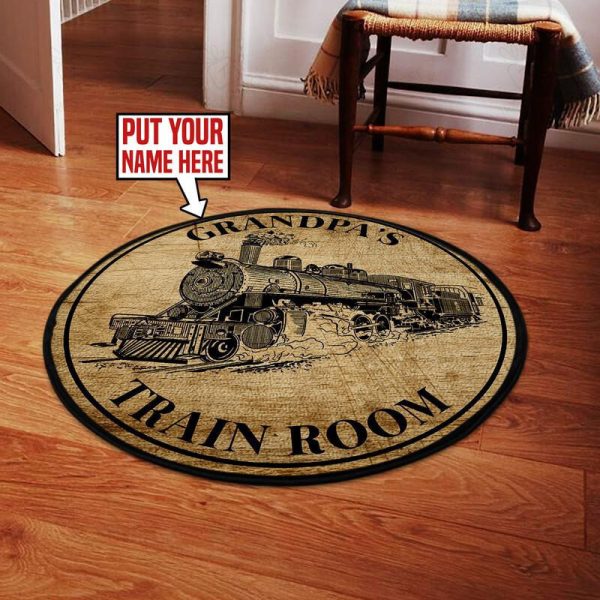 Personalized Train Room Steam Locomotive Living Room Round Mat Circle Rug - Image 2