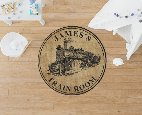 Personalized Train Room Steam Locomotive Living Room Round Mat Circle Rug - Image 3