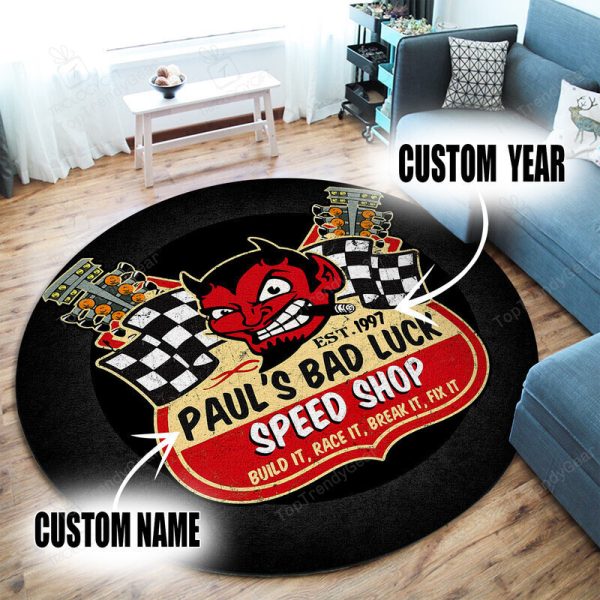 Personalized Devil Garage Hot Rod Round Mat - Image 2