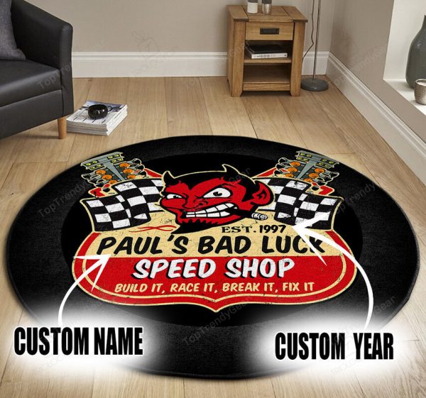 Personalized Devil Garage Hot Rod Round Mat - Image 3