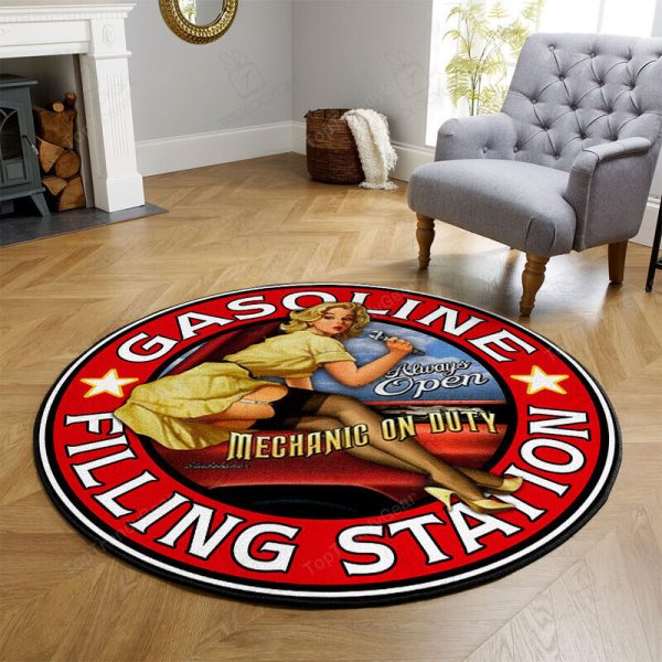 Gasoline Filling Station Pin Up Hot Rod Round Mat Round Floor Mat Room Rugs Carpet Outdoor Rug Washable Rugs - Image 3